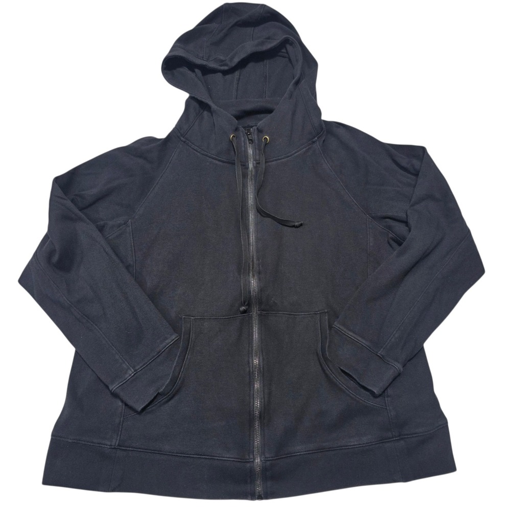 Eileen Fisher Hoodie Womens L Black Organic Cotton Full Zip Raglan Jacket